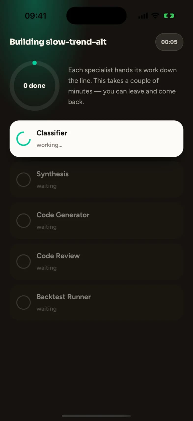 Build pipeline: Classifier working, four specialists waiting.